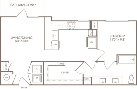 Floor plan for 1 bed, 1 bath, 766 sqft